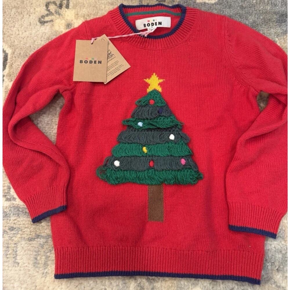 Mini Boden Boden Christmas Sweater Tree Applique Holiday Knit Crewneck Red 3/4y